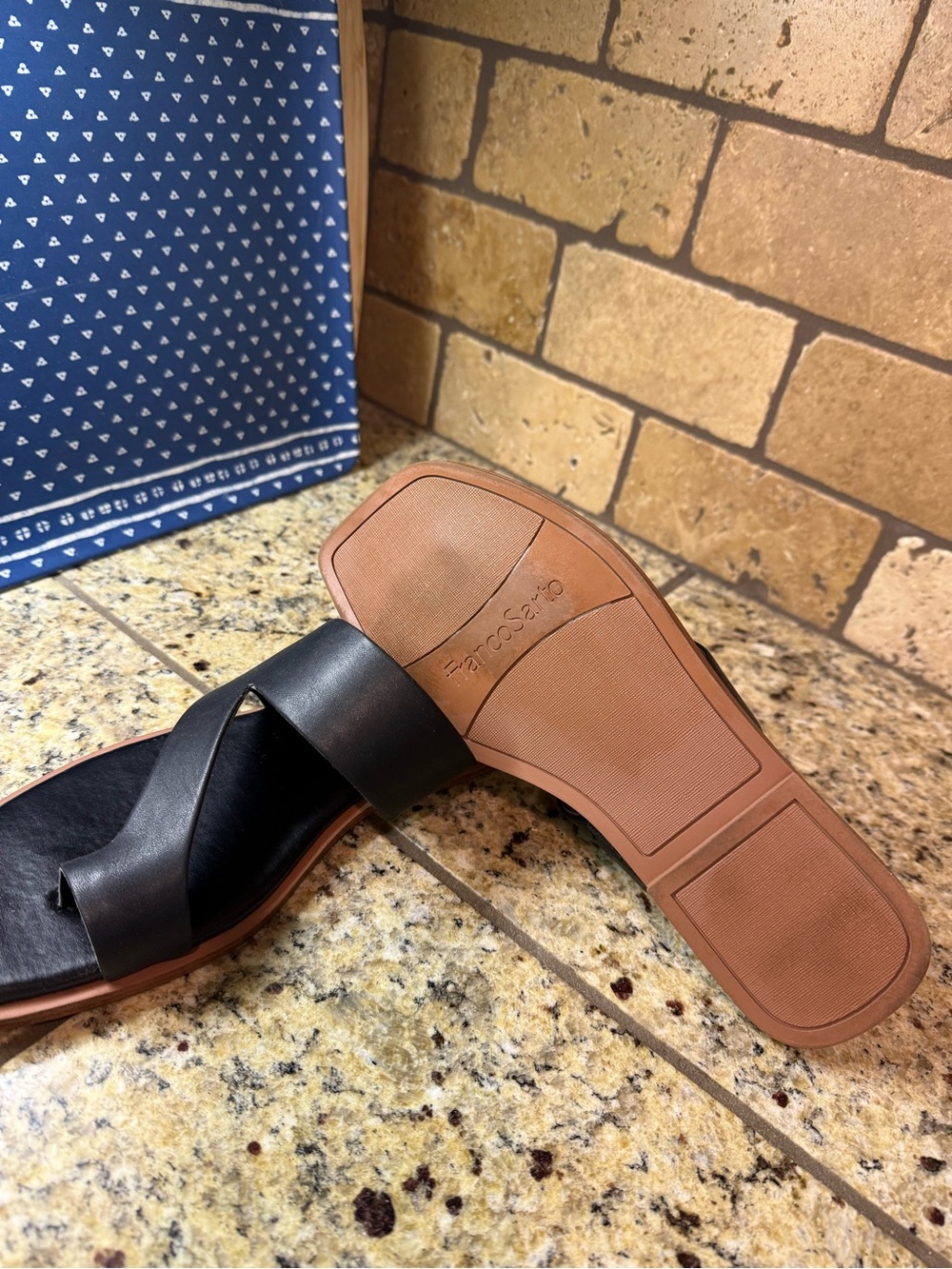 Franco Sarto Black Leather Slide Sandals with Tan Sole Edge - Picture 5 of 7